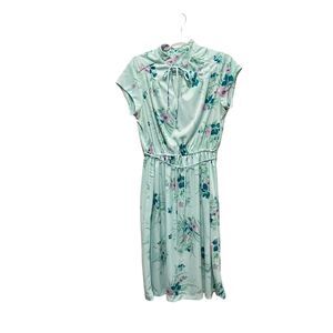 Secretary Dress Vintage 70s Blue Floral Handmade Semi Sheer Belt Retro Chic